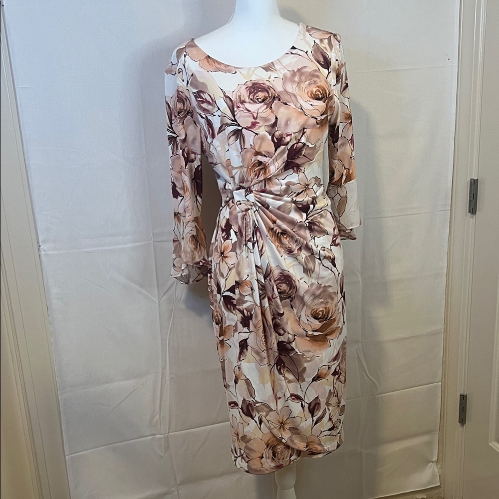 Connected Apparel Rose Print Long Sleeve Dress